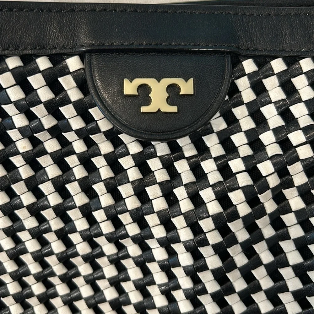 Tory Burch Erica Black/White Leather Woven Large Tote
